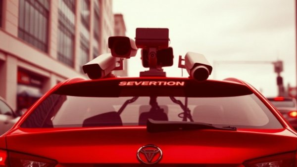 Surveillance AI Privacy Concerns illustrated by car and cameras.