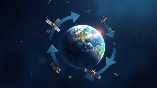 Circular economy in space concept with satellites and debris in orbit.