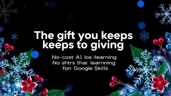 Festive graphic promoting no-cost AI training with Google Skills.