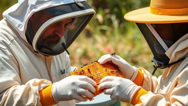 Beekeepers examining honeycomb using AI in beekeeping technology.