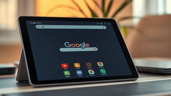 Tablet displaying Google homepage in a warm, softly lit desk environment.
