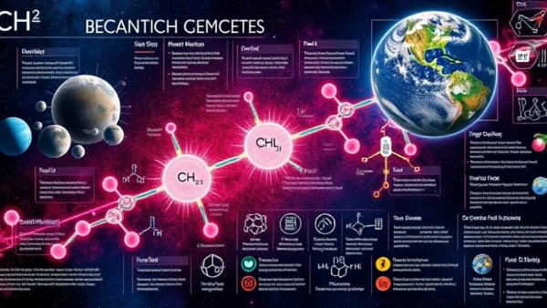 Colorful chemical space diagram with molecular structures.