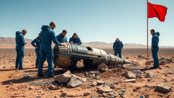 Team inspecting spacecraft for space safety innovations in a desert.