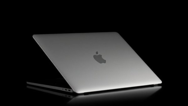 Sleek silver laptop representing Apple silicon revitalization, cinematic lighting.