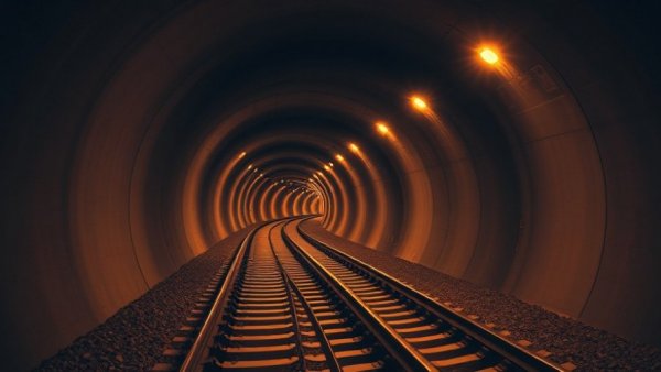 Tunnel with light trails for real-time fault detection in rail transport.