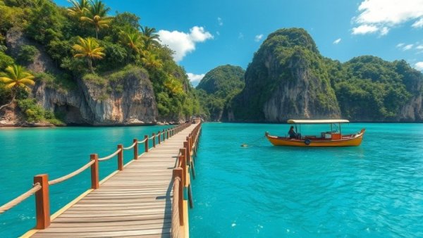 Tropical island with pathway and boat, vibrant scenery.