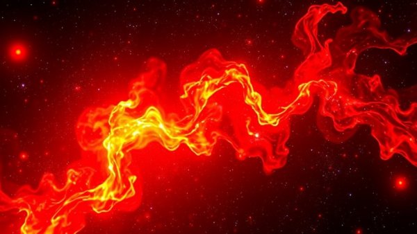 Vibrant cosmic phenomena with red and yellow hues in space.