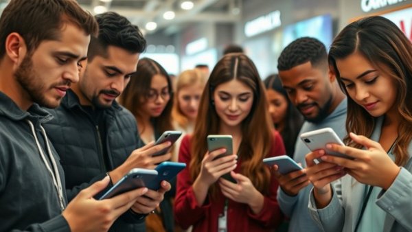 Diverse group exploring consumer technology at smartphone display.