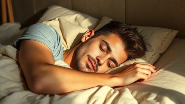 Young man embracing sleep and recovery in warm bedroom.