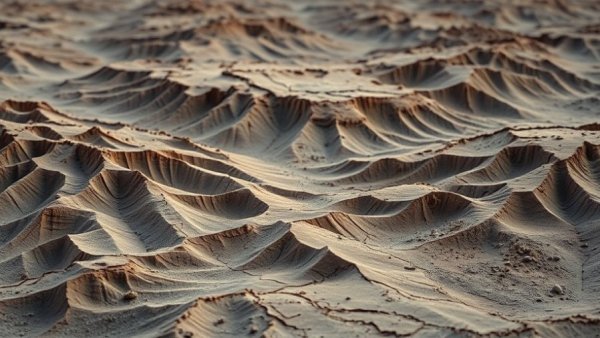 Martian landscape revealing ancient watersheds with ridged valleys.