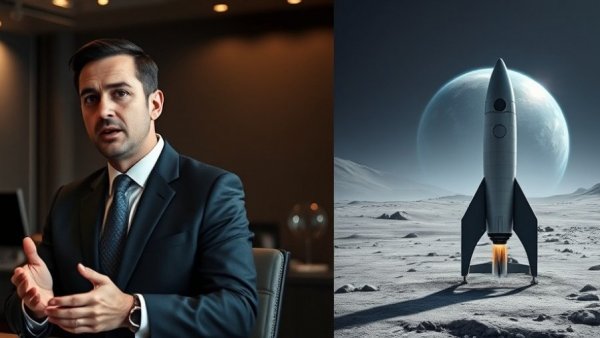 NASA leadership: professional man and lunar rocket in a futuristic scene