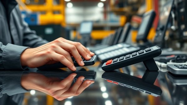 People using calculators at workstation, emphasizing technology.