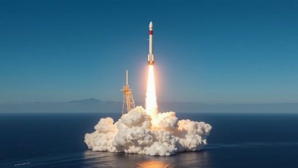 SpaceX Starlink satellite launch with rocket ascending over ocean.