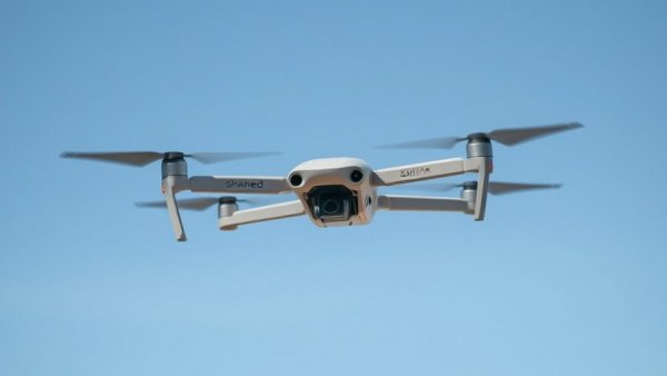 Aerial view of Shahed drone flying against blue sky.