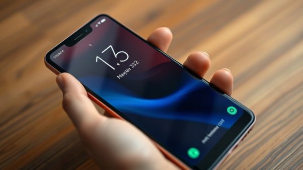 Sleek modern smartphone in hand on wooden surface, Consumer Technology.