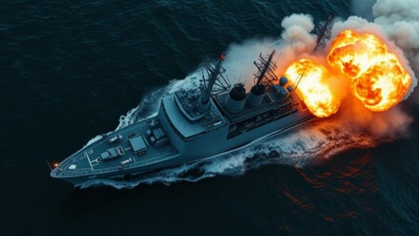 Military ship explosion illustrating government takeover of U.S. Navy contractors.