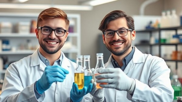 Scientists discussing saxitoxin synthesis in a lab environment.