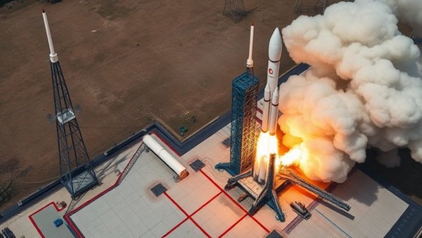 China rocket launches; aerial view with smoke and flames, vibrant scene.