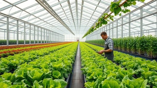 Smart greenhouses urban food production with vibrant lettuce and gardener.