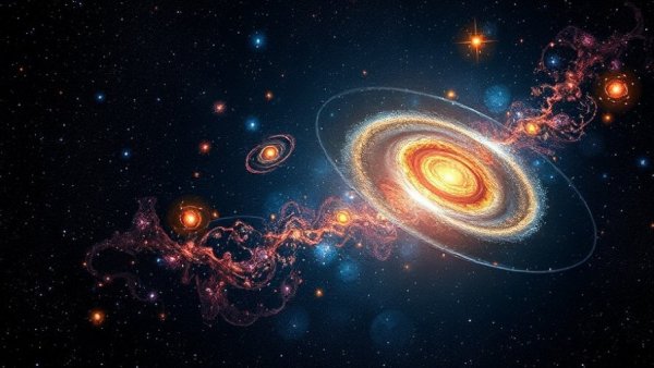 Intricate cosmic mosaic of galaxies and stars, activating a supermassive black hole.