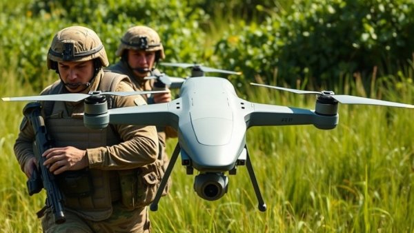 Ukrainian soldiers demonstrate drone technology in a field, showcasing Ukraine's drone manufacturing success.