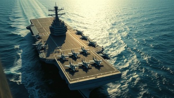 Nuclear-powered supercarrier with fighter jets docked in a harbor.