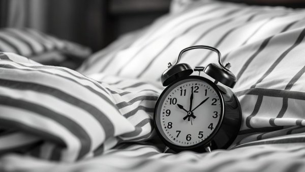 Vintage alarm clock by bed symbolizing sleep and recovery.