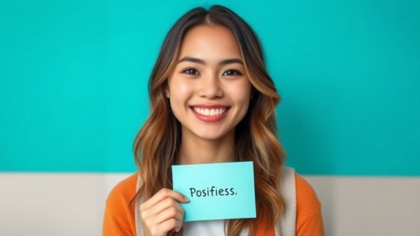 Young woman holding a smiley face note against teal background, showcasing positivity.