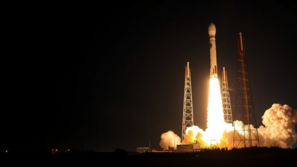 SpaceX Starlink satellites launch at night with fiery exhaust against dark sky.