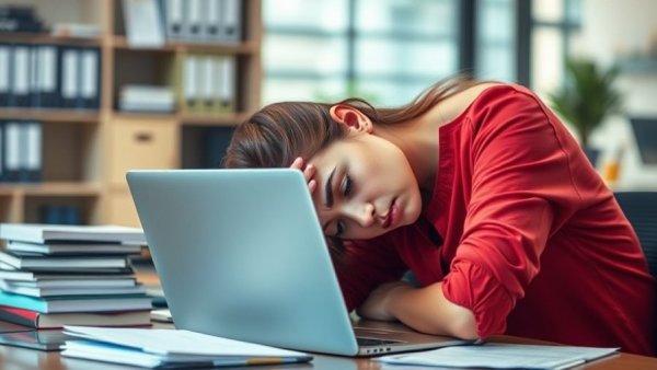 Young woman experiencing sleep problems and depression, head on desk in an office.