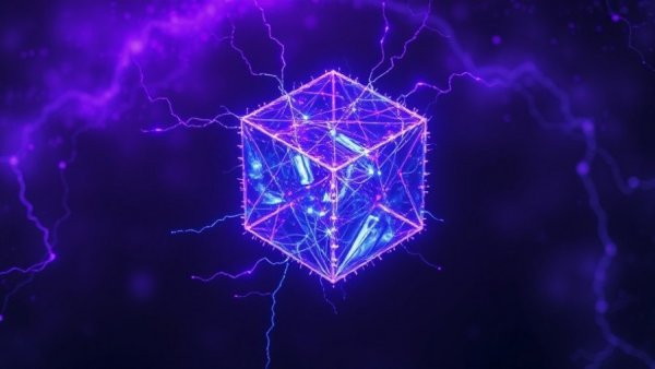 Electrified cube depicting quantum computing in space.