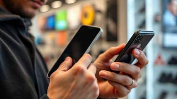 Person holds two smartphones in tech store, iPhone Air 2 comparison.