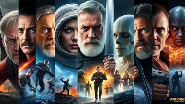 Iconic characters from James Cameron sci-fi movies in a collage.