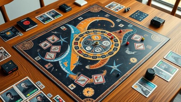 Space board game setup with intricate pieces and cards.