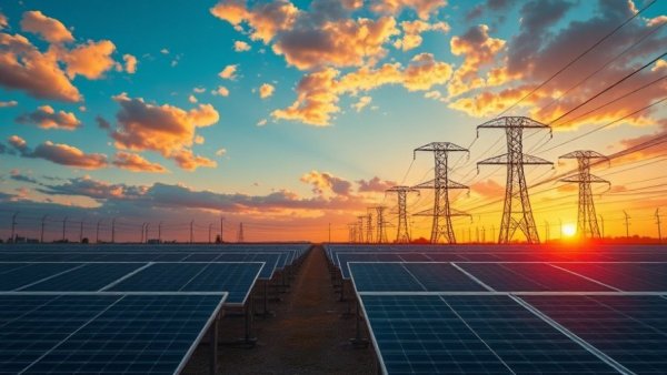 Energy facility with solar panels and power lines at sunset.