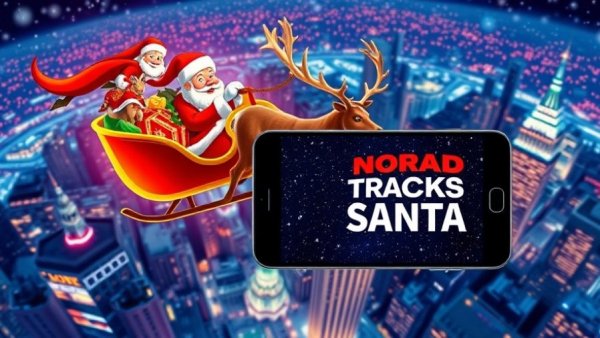 Santa's sleigh over New York City with NORAD Tracks Santa display.