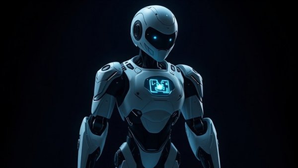 Futuristic humanoid robot with digital display, technology that helps robots read human intentions.