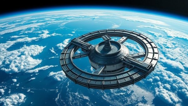 Futuristic artificial gravity space station orbiting Earth, detailed metal design.
