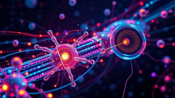 Quantum computing visualization with energy waves and atomic symbols.