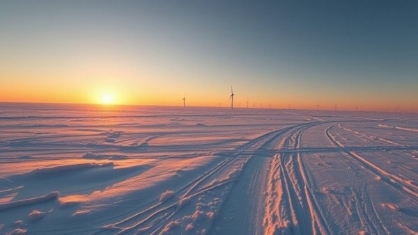 Arctic 2025 landscape at sunset with snow and wind turbines.