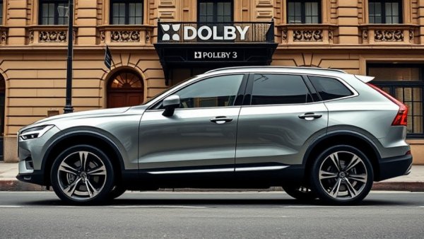 Dolby Atmos in Polestar 3 SUV in front of historic building.