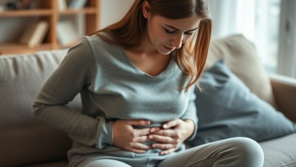 Young woman clutching stomach in pain at home, relief for period cramps.
