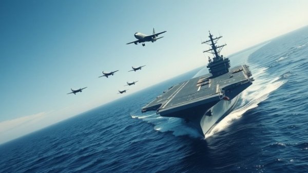 US Navy carrier group deployed in formation on the ocean.