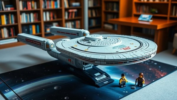 Lego U.S.S. Enterprise NCC-1701-D with Star Trek minifigures display.