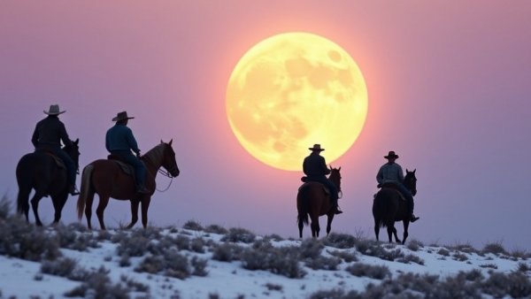 Cowboys riding with full moon backdrop, highlighting moon events in 2026.