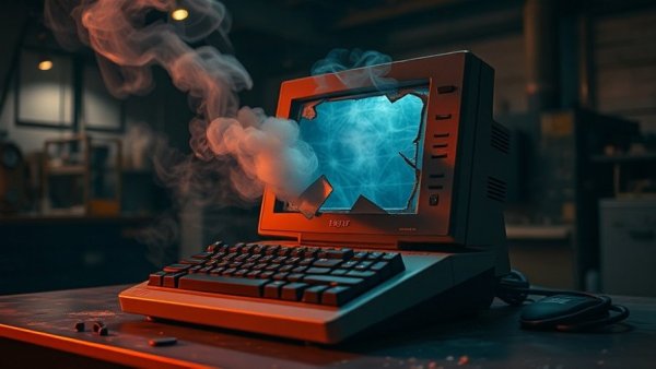 Dramatic scene of a broken vintage computer with smoke, depicting the worst hacks of 2025.