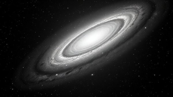 Spectacular outflow in nearby galaxy, black and white space image.