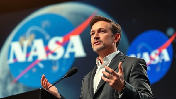 NASA budget cuts impact space innovation: Speaker at event with NASA logo backdrop.