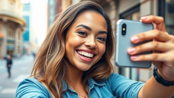 Blonde woman taking a selfie with smartphone on a city street.