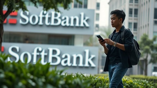 SoftBank sign with person walking, representing potential OpenAI investment.
